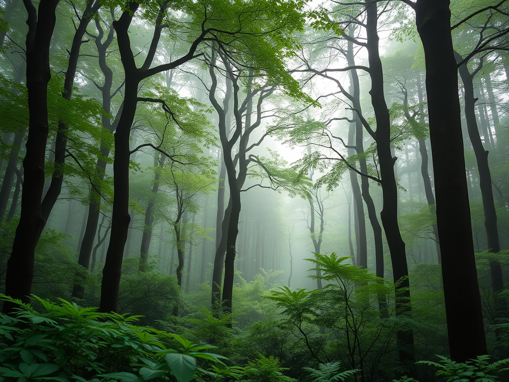 घने हरे पेड़ों से भरा एक रहस्यमयी जंगल, जिसमें कोहरा छाया हुआ है।