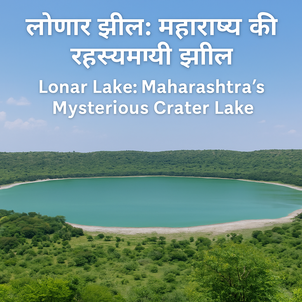 लोणार झील महाराष्ट्र - रहस्यमयी क्रेटर झील का हवाई दृश्य, चारों ओर हरियाली से घिरी हुई | Lonar Lake Maharashtra crater surrounded by lush greenery लोणार झील महाराष्ट्र - रहस्यमयी क्रेटर झील का हवाई दृश्य, चारों ओर हरियाली से घिरी हुई | Lonar Lake Maharashtra crater surrounded by lush greenery